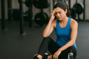deportista en reposo con las manos en la cabeza tras el entrenamiento y migraña