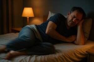 Persona con molestias en las piernas en la cama por la noche.