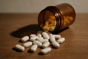Frasco de pastillas derramado sobre una mesa con una sombra amenazante. Analgésicos